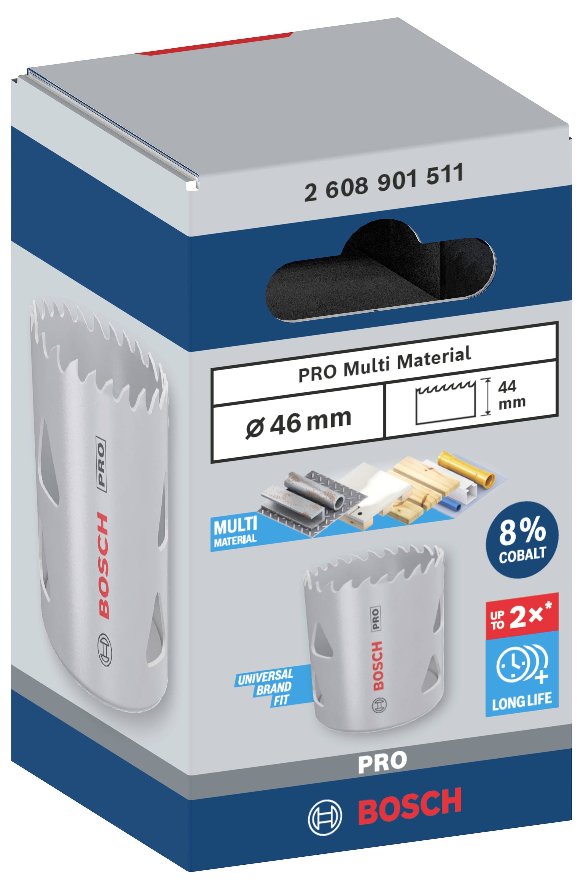 Boschovská PRO víceúčelová děrovací pila, 46 mm, pro dřevo, kov, plast; 8% kobalt, dlouhodobá životnost, univerzální použití.