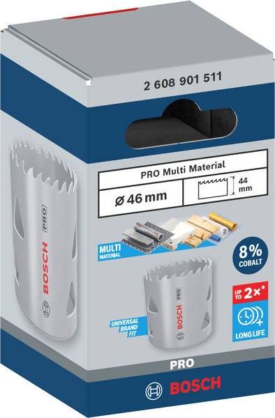 Modrý obal pilové vrtací korunky Bosch o průměru 46 mm, vhodné pro různé materiály. Slogan zdůrazňuje trvanlivost a výkon.