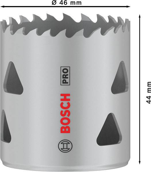 Děrovací pila s ozubenými hranami, označená 'Bosch Pro'. Průměr 46 mm, výška 44 mm.