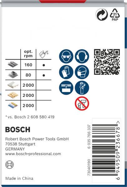 Zadní strana obalu produktu Bosch. Obsahuje technické údaje o otáčkách, symboly bezpečnostních opatření, QR kód a kontaktní informace.