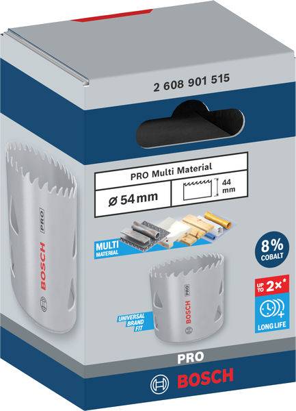 Balení pilové vrtací pily Bosch, zobrazuje 54mm pilovou vrtací pilu pro více materiálů, obsahuje informace o 8% kobaltu a zvýšené trvanlivosti.