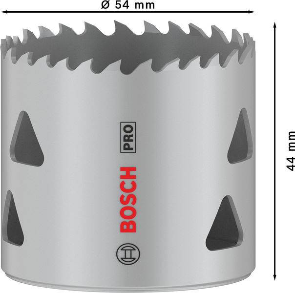 Vrtací korunka s ozubeným okrajem, nápis 'Bosch Pro'. Průměr 54 mm, výška 44 mm. Šedý kov s výraznými otvory.
