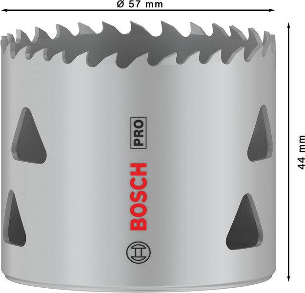 Kovová pilová děrová pila od Bosche o průměru 57 mm a výšce 44 mm, vhodná pro přesné řezy do kovových povrchů.