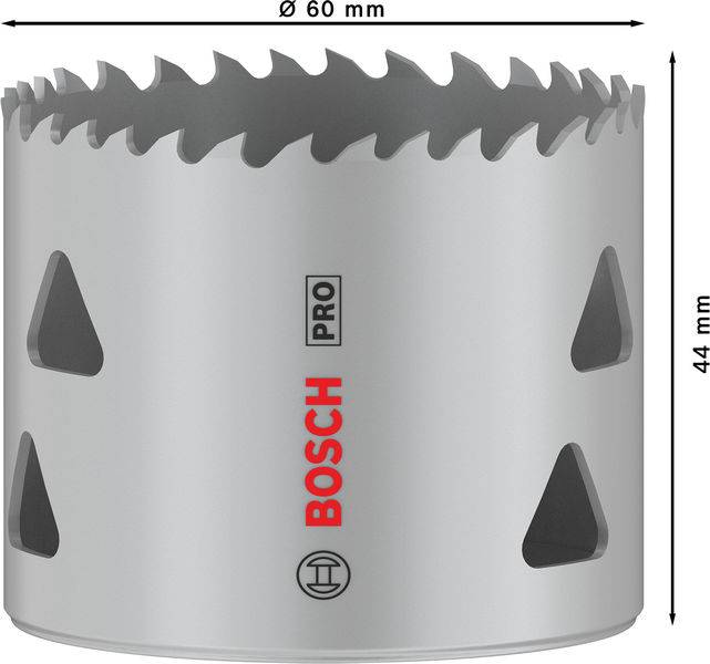 Šedý děrovací nůž s červeným logem 'Bosch' a zubovitým okrajem, průměr 60 mm, výška 44 mm, vhodný pro vrtání otvorů.