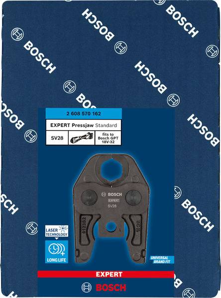 Bosch lisovací kleště, model SV28, zobrazené na modrém pozadí s logem Bosch. Na obalu jsou uvedeny detaily týkající se dlouhé životnosti.