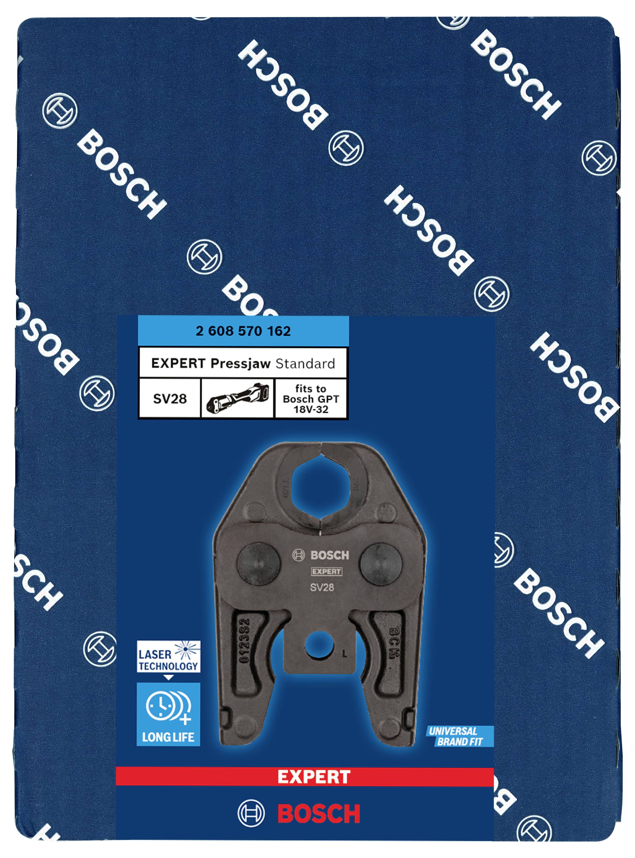 'Bosch Expert lisovací kleště SV28' na obalu, vhodné pro potrubí o průměru 16 až 32 mm, s laserovou technologií a univerzálním uchycením značky.