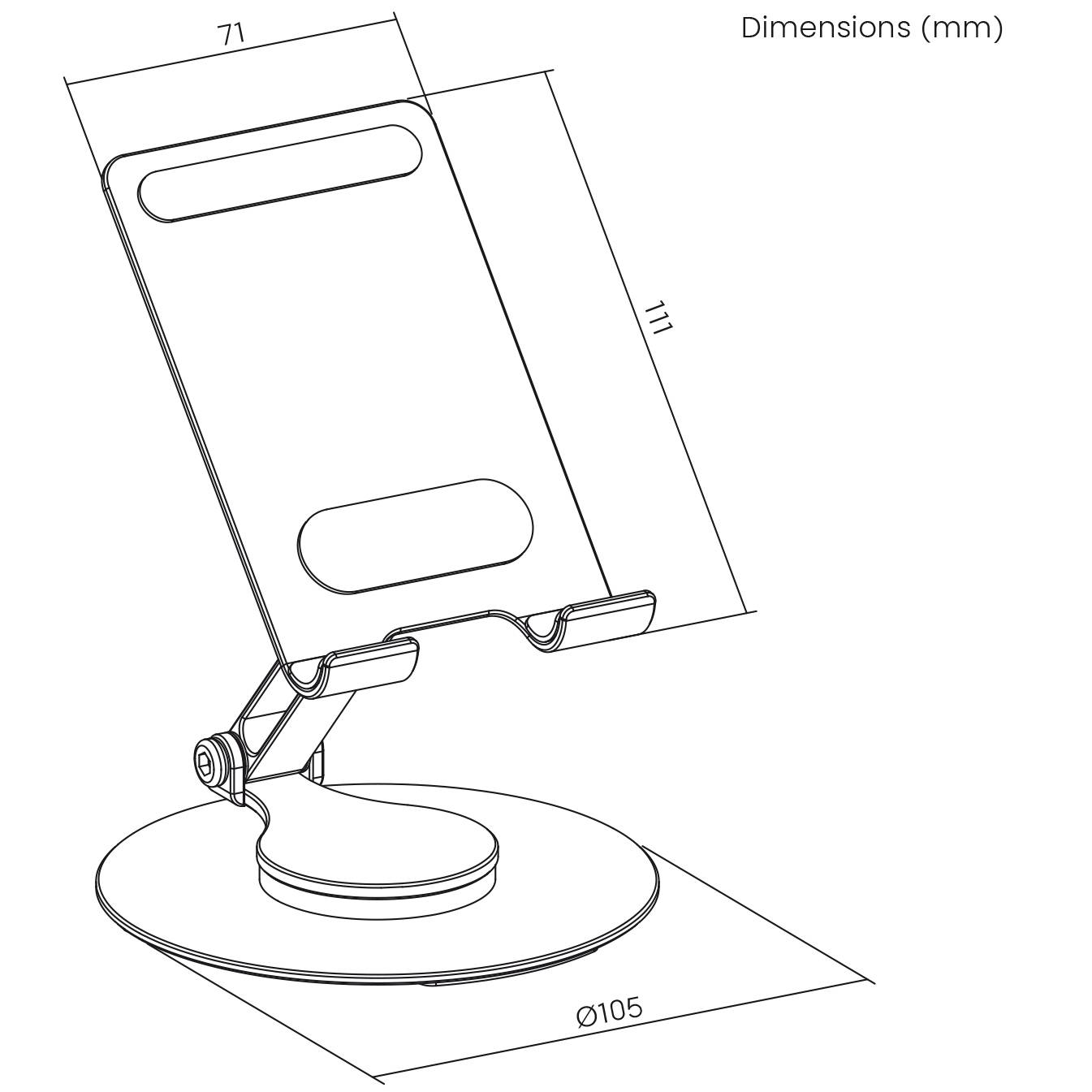 Nákres stojanu na tablet s rozměry. Šířka 71 mm, výška držáku 113 mm, průměr základny 105 mm.