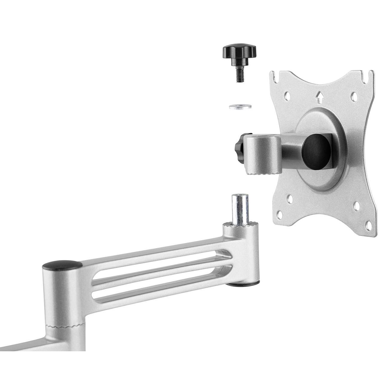 Montážní návod pro monitor arm. Ukazuje postup instalace včetně šroubů a držáků pro upevnění displeje.