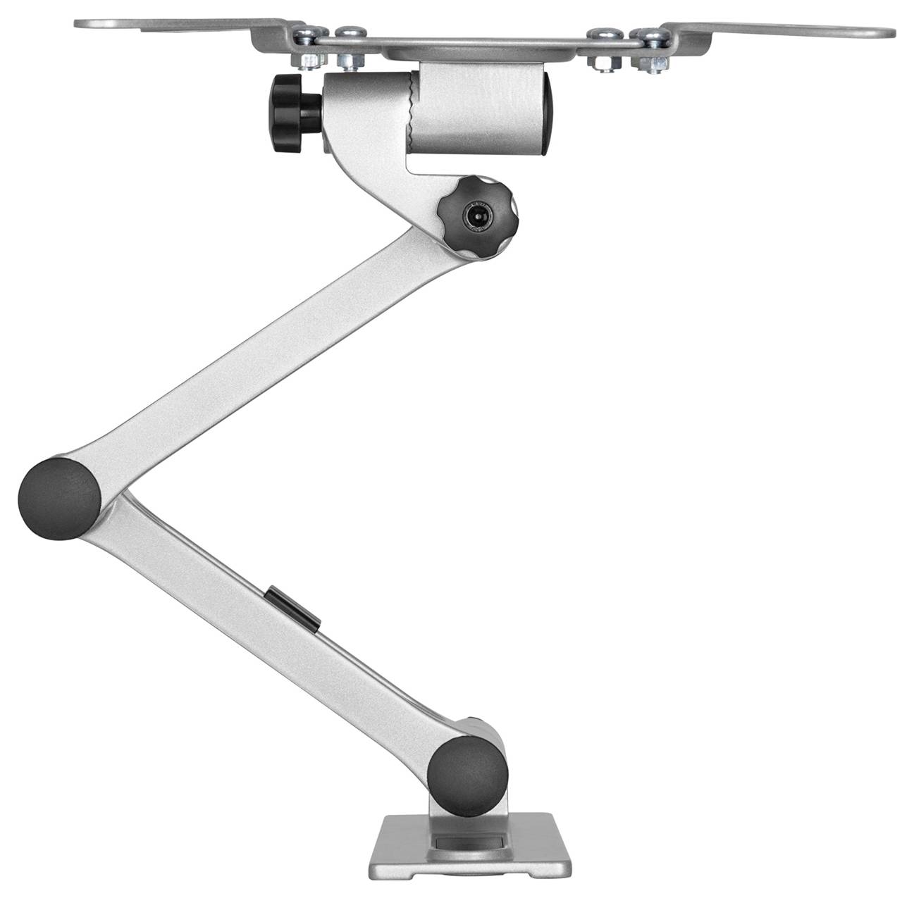 Stříbrný, nastavitelný monitorový držák s klouby, které umožňují flexibilitu a naklánění; vhodný pro ergonomické uspořádání pracoviště.