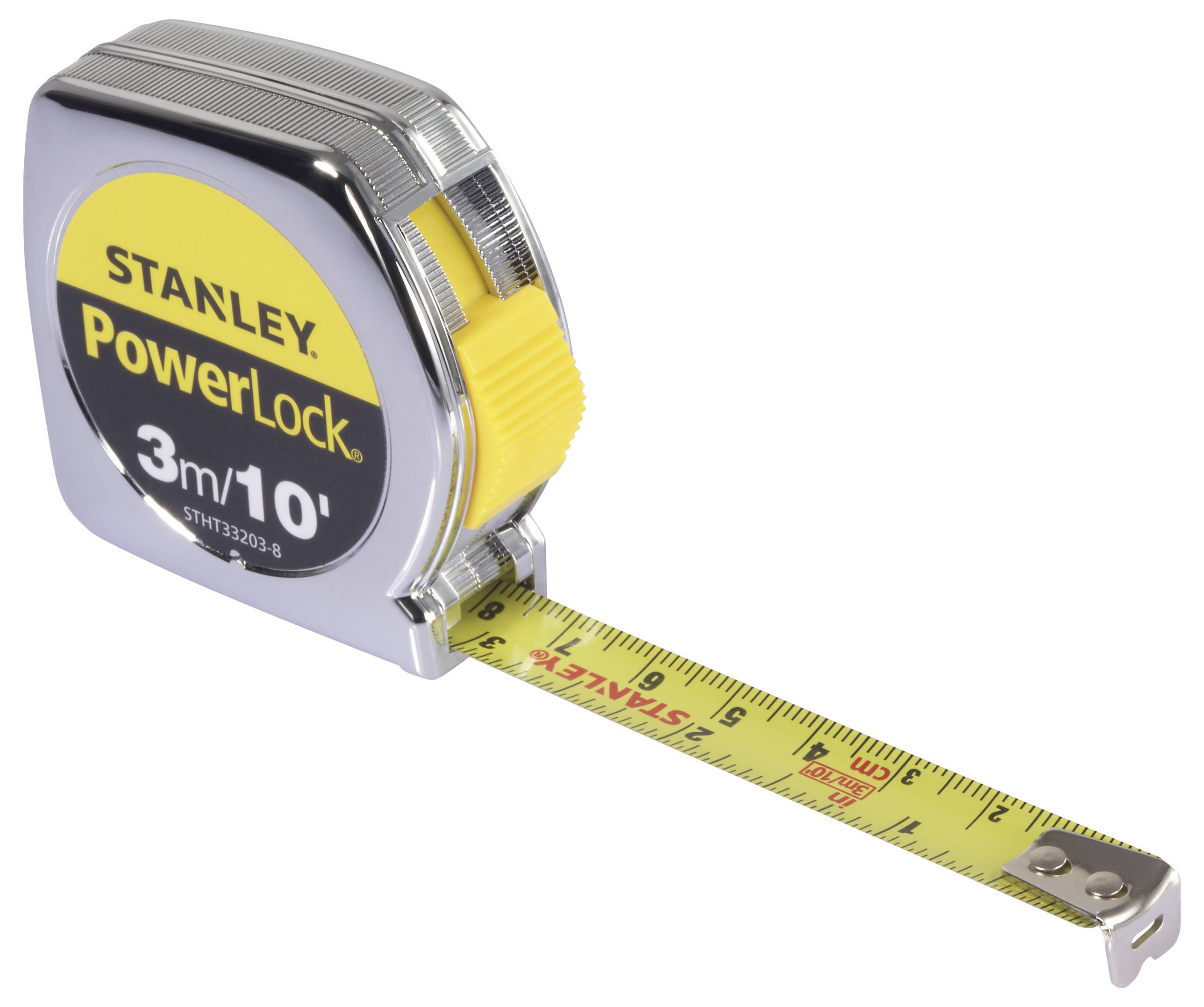 Svinovací metr se žlutým značením se vysouvá ze stříbrného pouzdra. Na pouzdru je napsáno 'STANLEY PowerLock 3m/10"'.