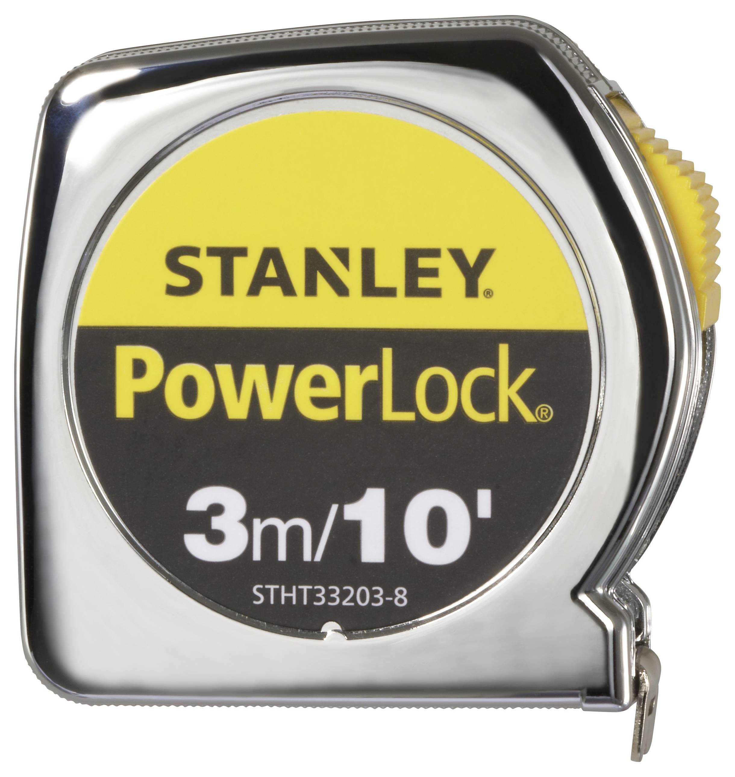 Stříbrný svinovací metr se žlutým a černým štítkem, na kterém je napsáno 'Stanley PowerLock 3m/10'''.