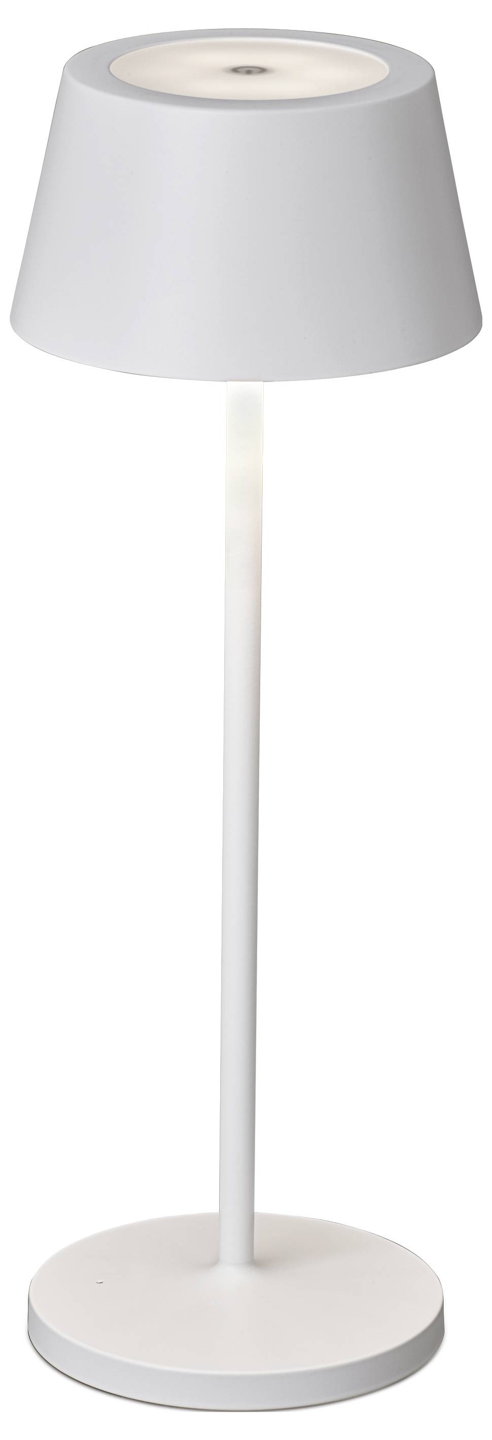 Bílá stolní lampa s kulatou základnou a kónickým stínidlem, osvětlující shora dolů.