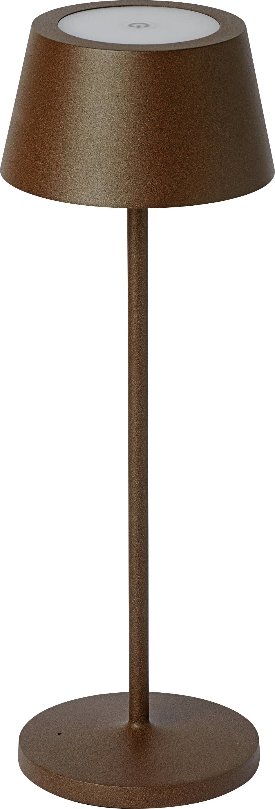 Hnědá stojací lampa s kulatou základnou a kuželovitým stínidlem, vhodná pro moderní interiéry.