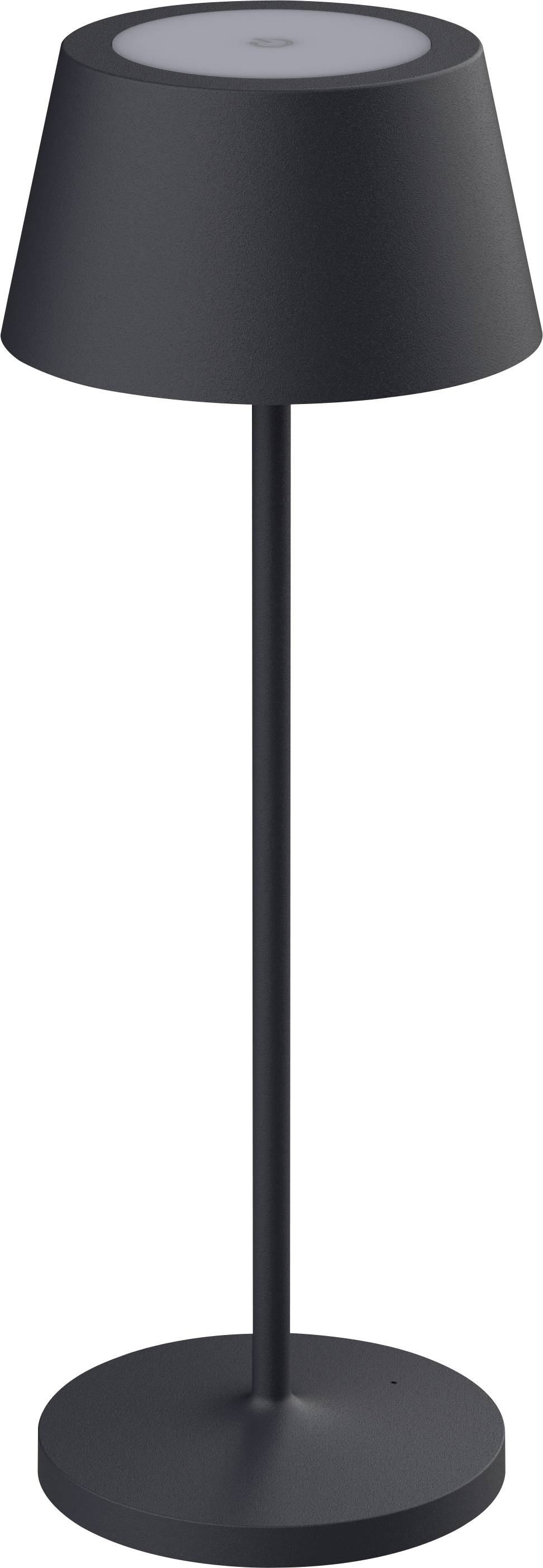 Černá moderní stolní lampa s kuželovitým stínítkem a kulatou základnou, vhodná pro minimalistický interiér obytného prostoru nebo kanceláře.