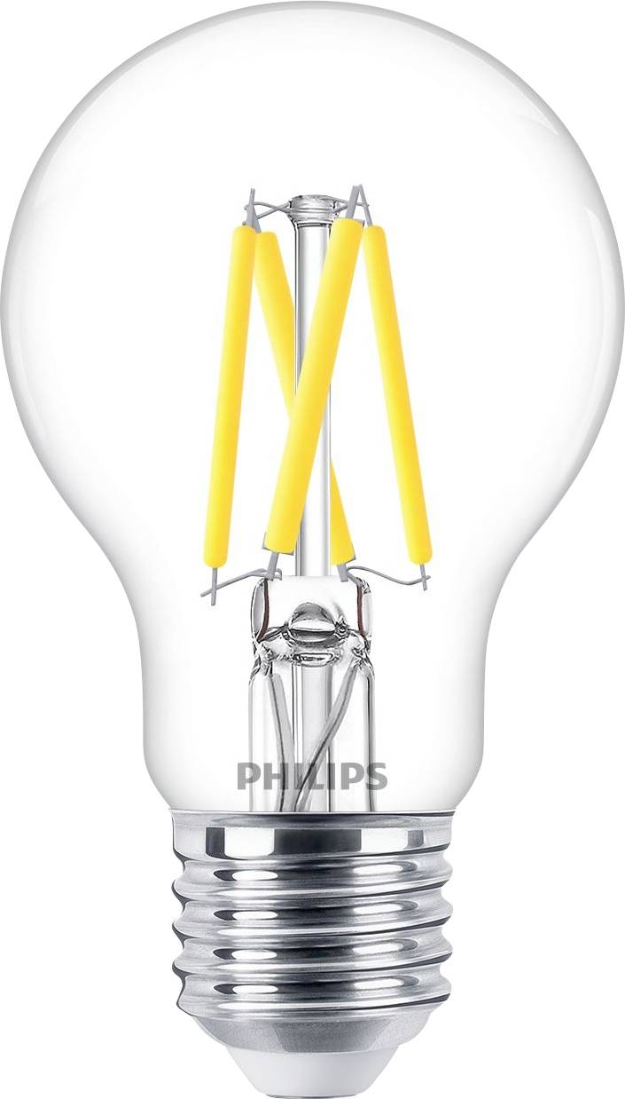 Čirá LED žárovka s kovovou základnou, která ukazuje čtyři vnitřní žluté vlákna. Na žárovce je vytištěno značka 'PHILIPS'.