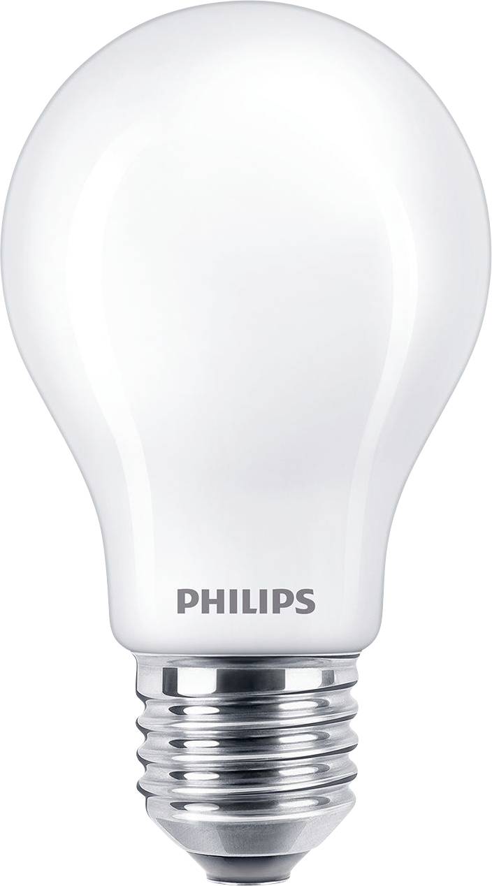 Žárovka Philips LED se stříbrnou základnou a zaoblenými bílými vrcholem.
