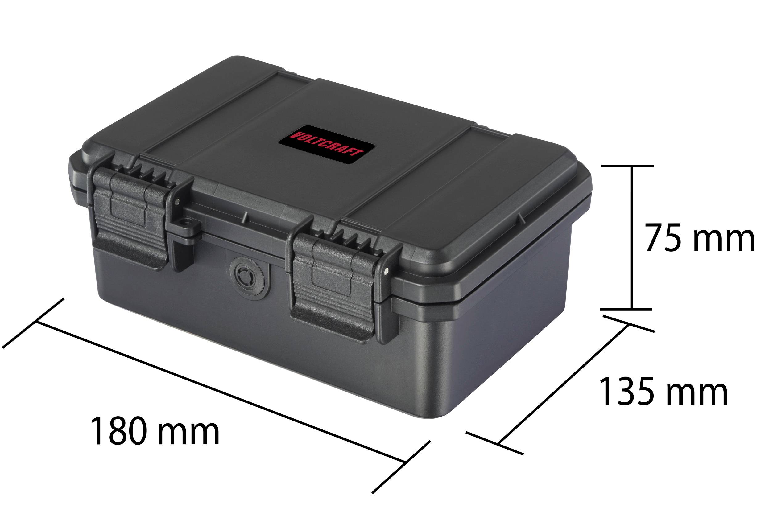 Černý plastový box se sponou, rozměry: 180 mm délka, 135 mm šířka, 75 mm výška.