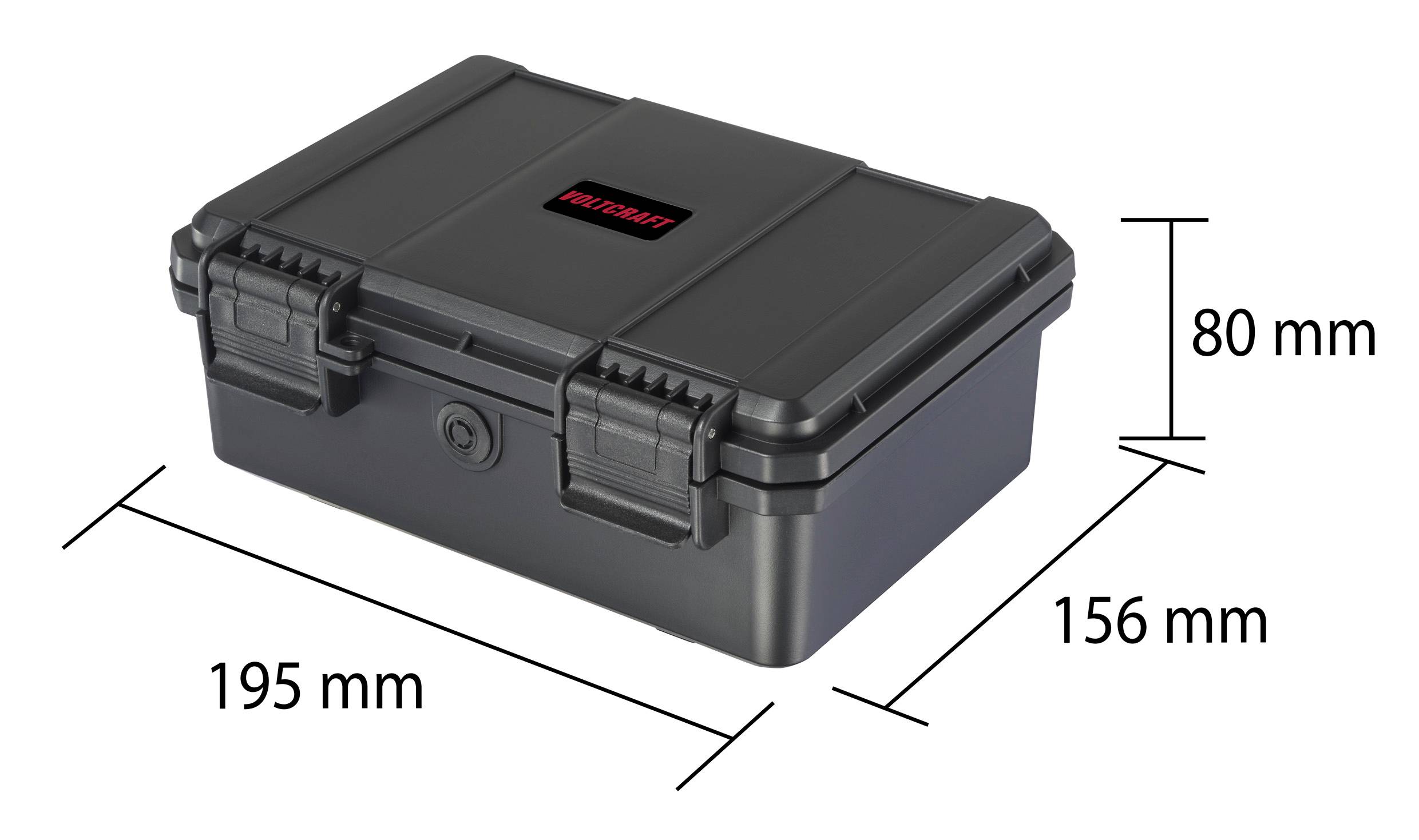 Černý plastový kontejner se zavíráním o rozměrech 195 mm x 156 mm x 80 mm je zobrazen na bílém pozadí.