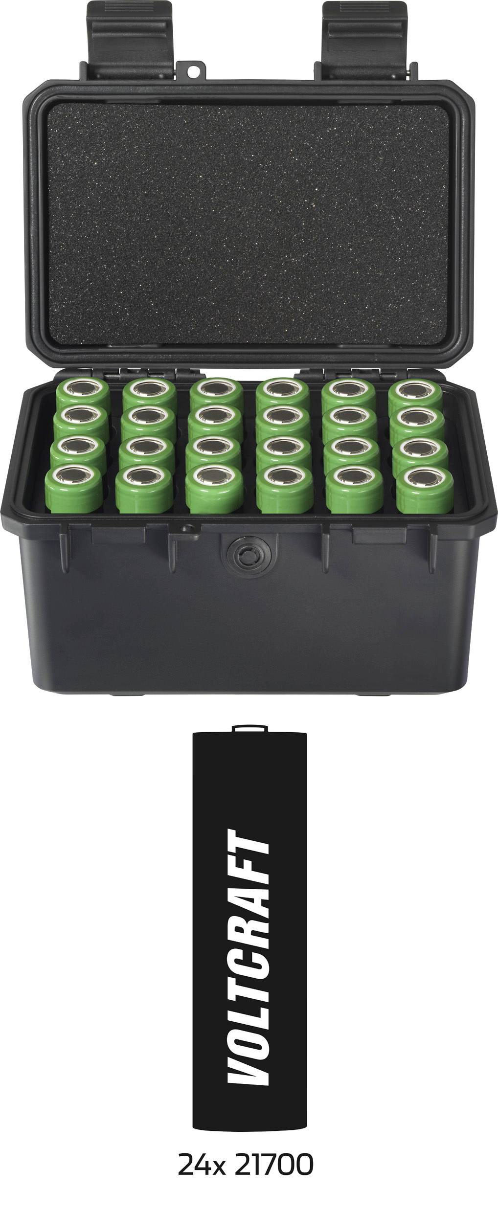 Černý kufřík s 24 zelenými bateriemi typu 21700. Pod tím text: VOLTCRAFT.