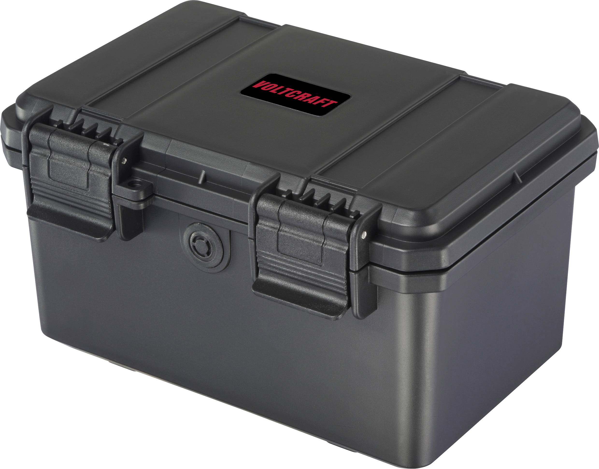 Černý, uzavíratelný plastový box s červeným nápisem 'Voltcraft' na víku.
