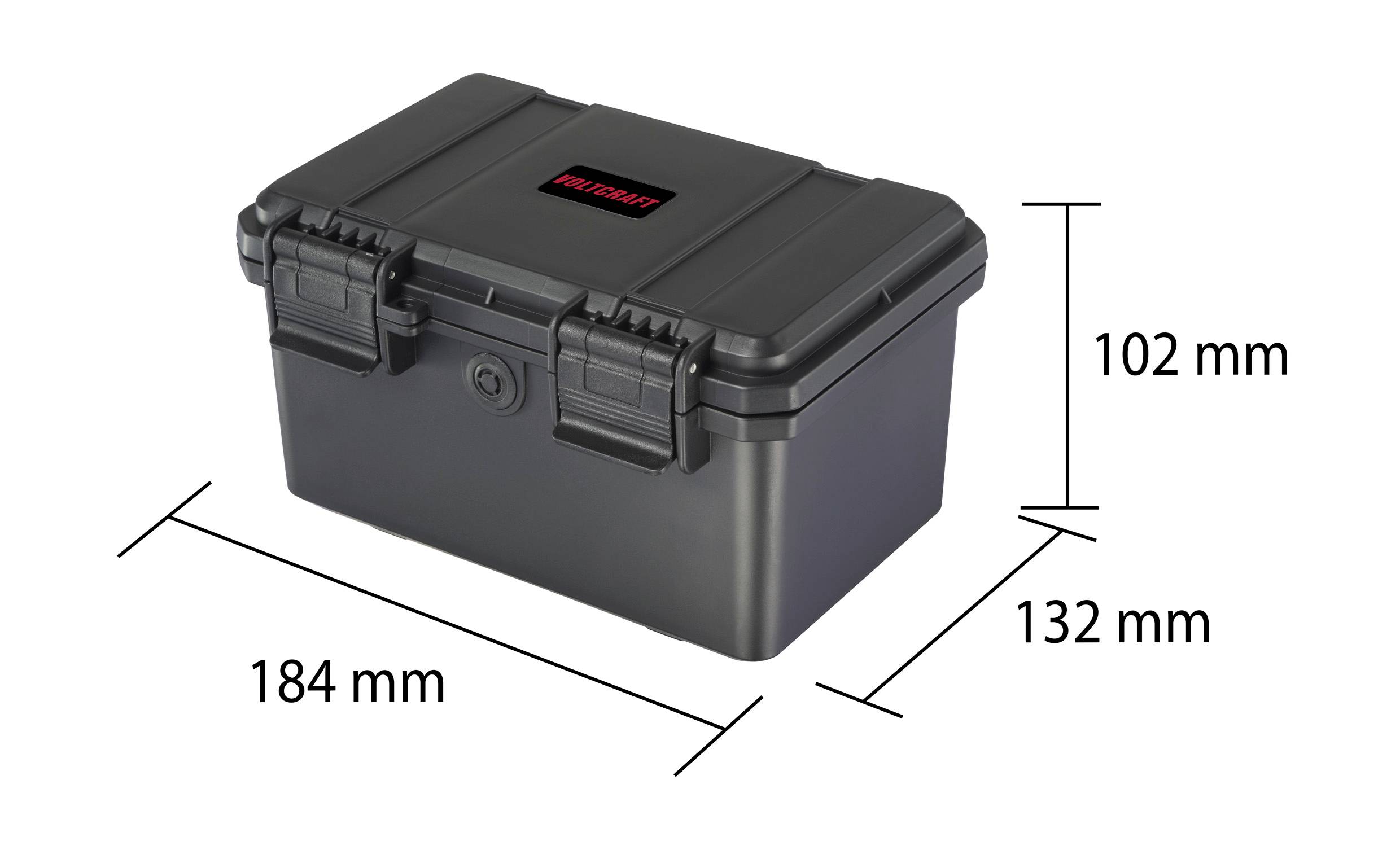 Černý, obdélníkový úložný box o rozměrech 184 mm x 132 mm x 102 mm s uzavíracím systémem.
