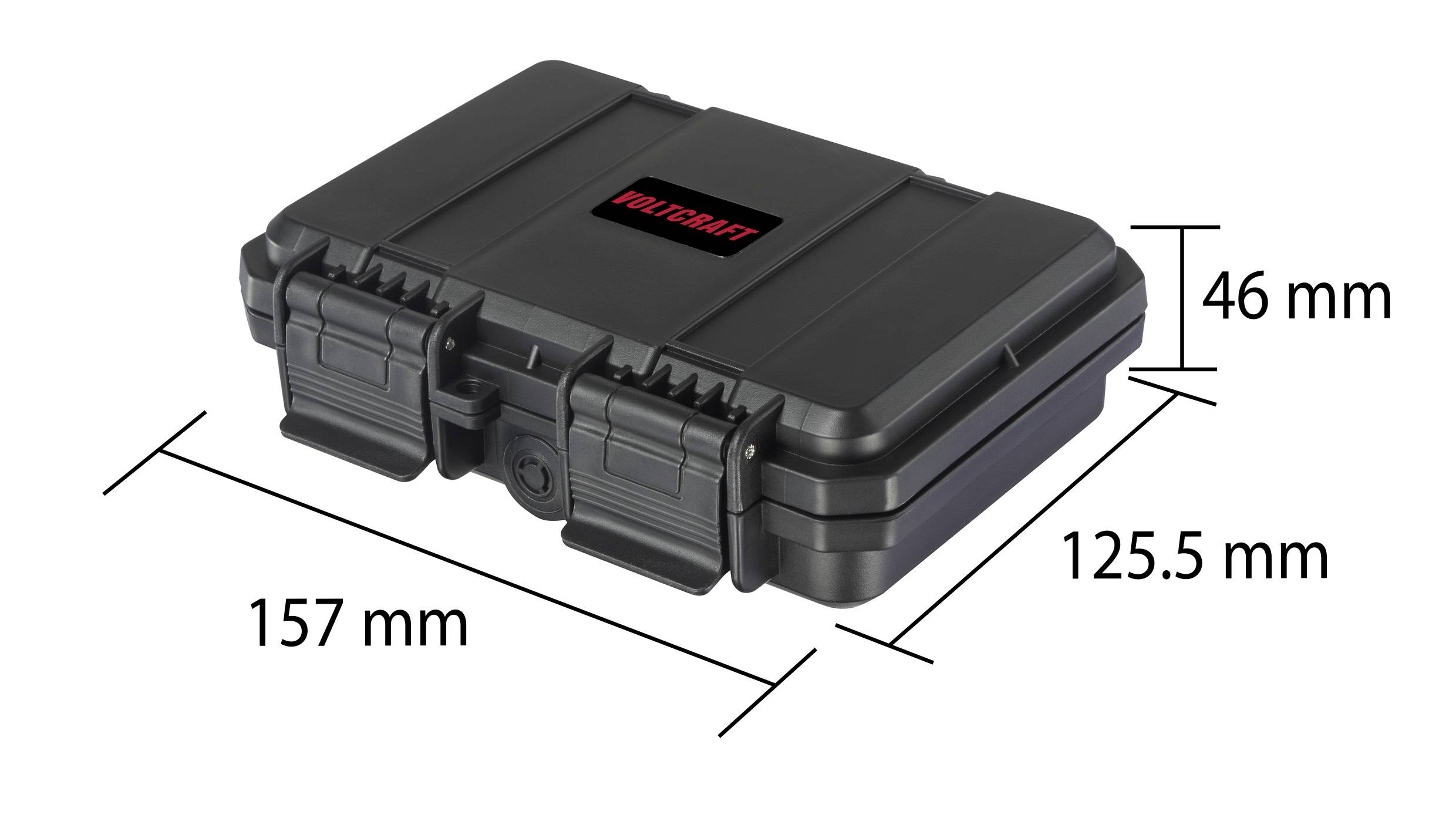 Malý černý obdélníkový kufřík s červeným logem 'Photobest'. Rozměry: 157 mm délka, 125,5 mm šířka, 46 mm výška.
