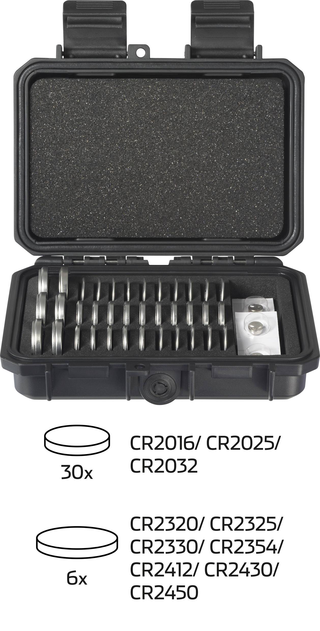 Černý plastový box s 30 knoflíkovými bateriemi CR2016/CR2025/CR2032, uloženo 6 baterií CR2320/CR2325/CR2330/CR2354/CR2412/CR2430/CR2450.