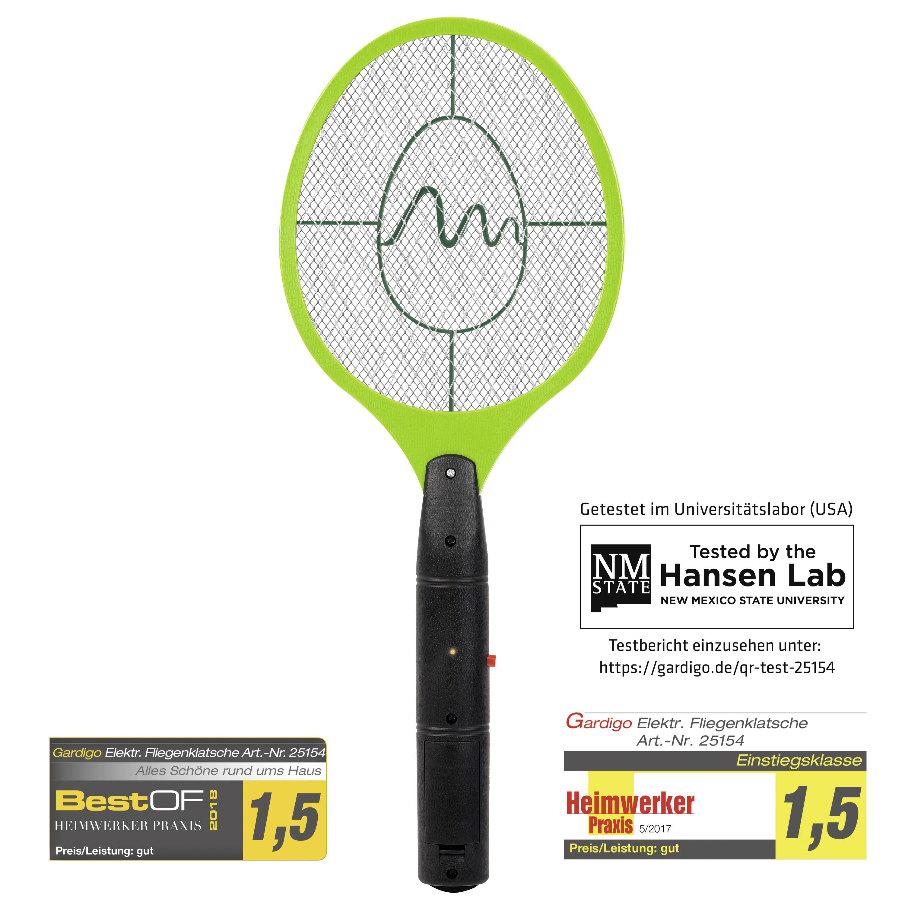 Elektrická mucholapka 'Gardigo', testována v laboratoři Hansen Lab, USA. Hodnocena známkou '1,5' časopisem Heimwerker Praxis, nejlepší výrobek roku 2018.