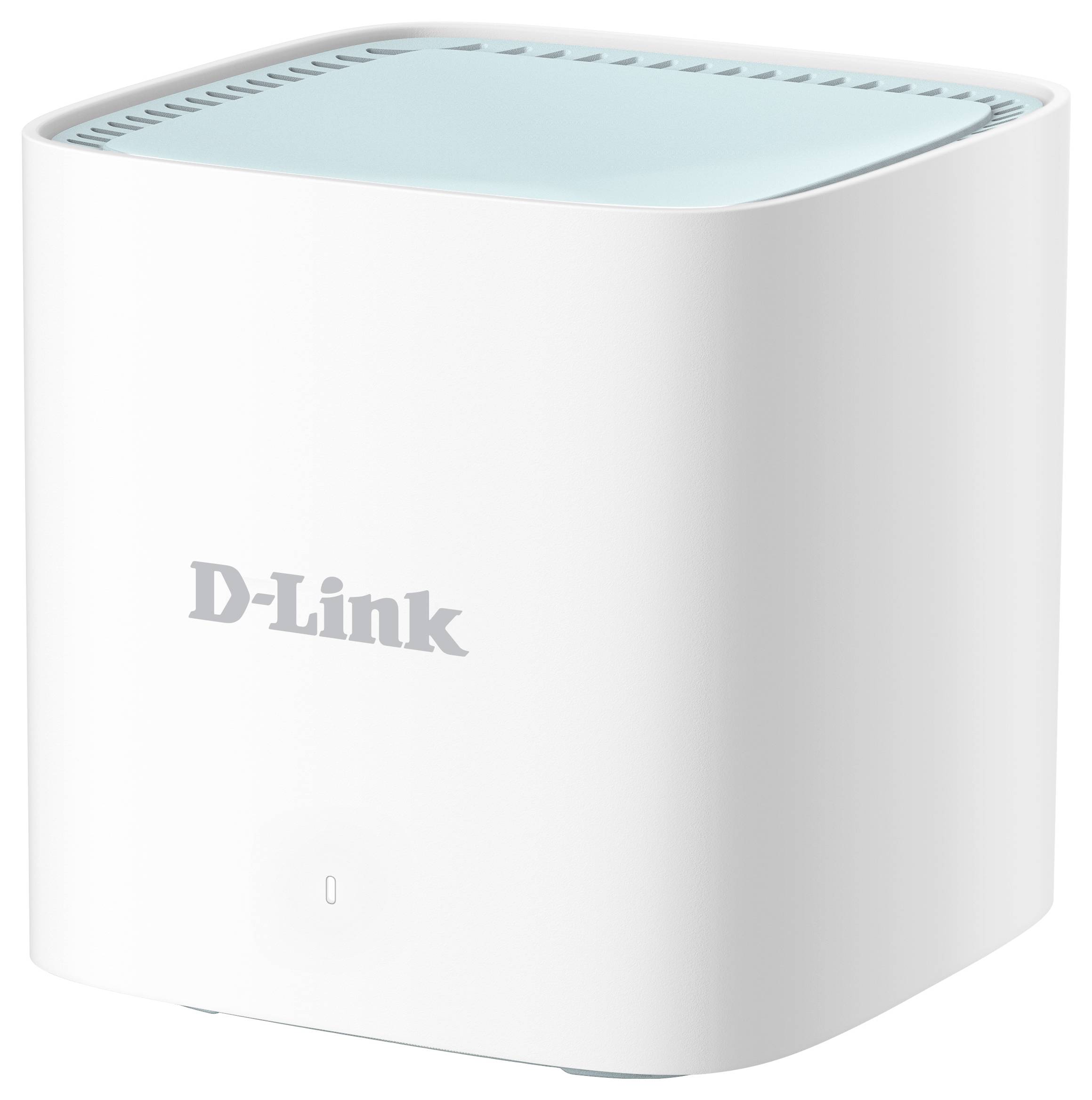 Bílý Wi-Fi router značky D-Link s modrým horním krytem. Ideální pro domácí sítě a bezdrátové připojení k internetu.