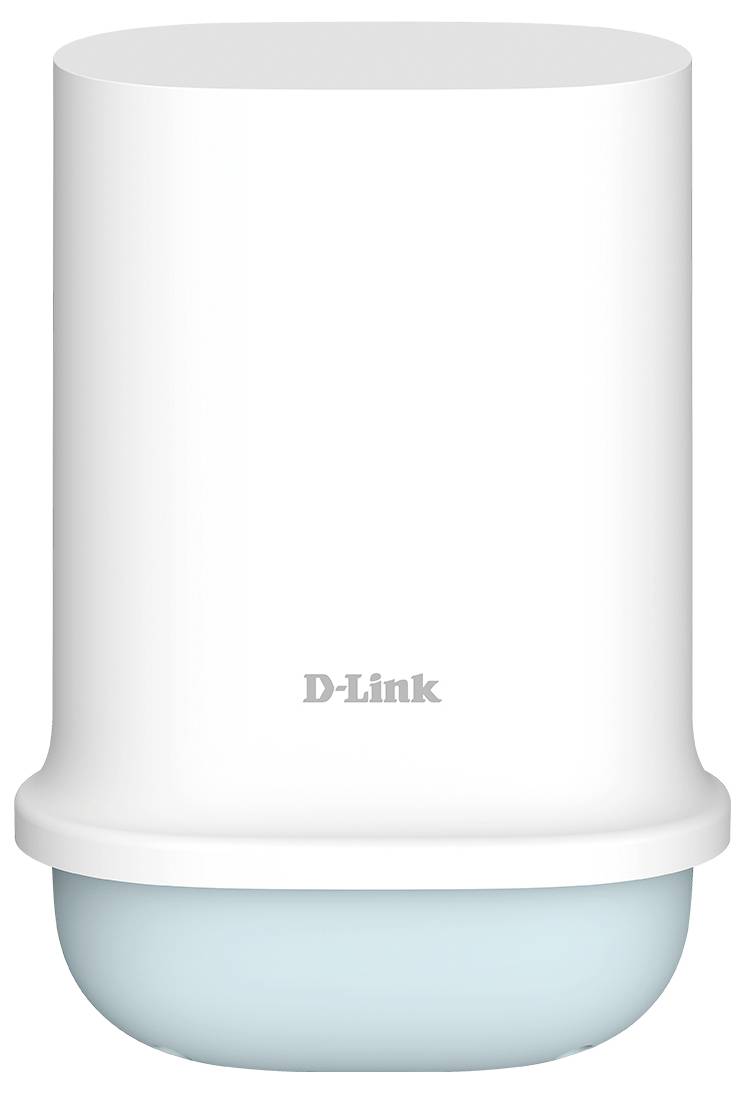 Bílé válcovité zařízení značky D-Link s modrým podstavcem, pravděpodobně router nebo Wi-Fi extender, umístěné na bílém pozadí.