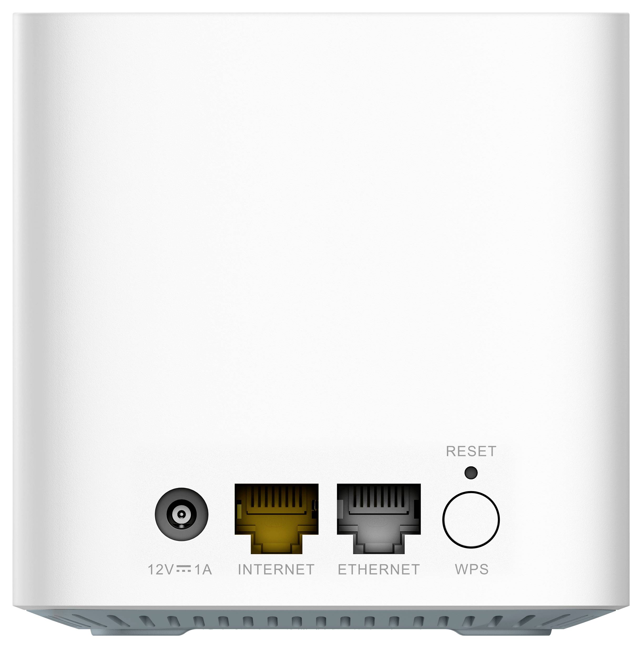 Bílý router s přípojkami: napájení, internet, ethernet. Tlačítka: reset, WPS.