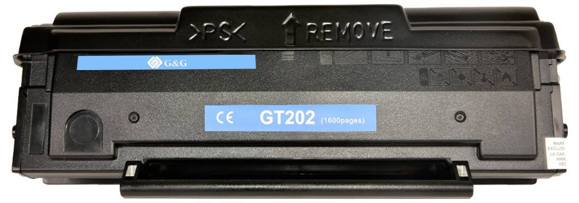Černá tonerová kazeta s modrými štítky 'G&G', 'GT202', '1800 stran'. Nahoře symbol šipky a pokyn 'REMOVE'.
