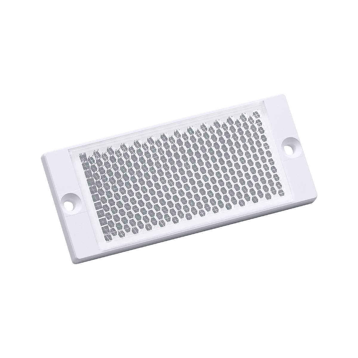 Obdélníkový bílý reflektor se strukturou honeycomb v centrální části, vhodný pro upevnění na ploché povrchy.