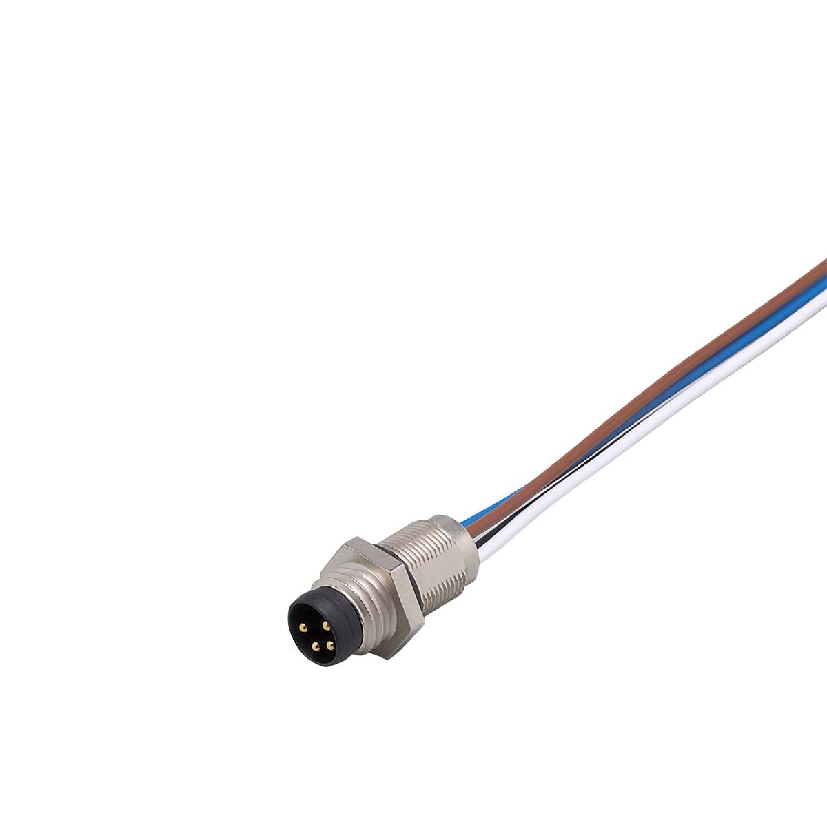 Zástrčka s kabelem; zástrčka má čtyři piny a stříbrné pouzdro. Kabel je vícebarevný a vede doprava.