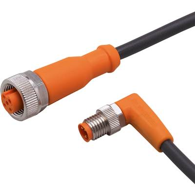 Dva oranžové kabely s kovovými konektory, jeden přímý a jeden zahnutý v pravém úhlu, propojené pro elektrické aplikace.