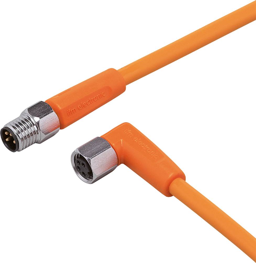 Oranžový propojovací kabel s kovovými konektory na obou koncích, označený nápisem 'ifm electronic'.