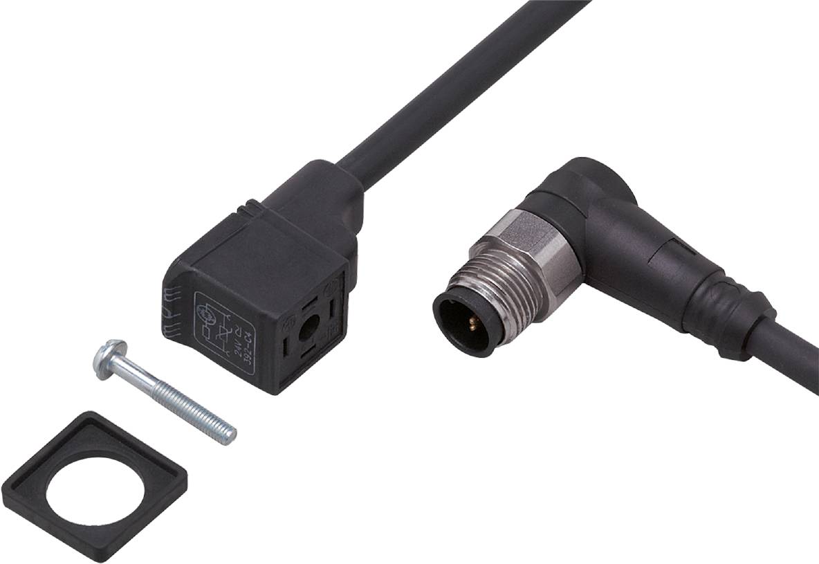 Konektor s černým kabelem a kovovým závitem, montovatelný pomocí šroubu, ukazuje připravenost k propojení elektronických zařízení.