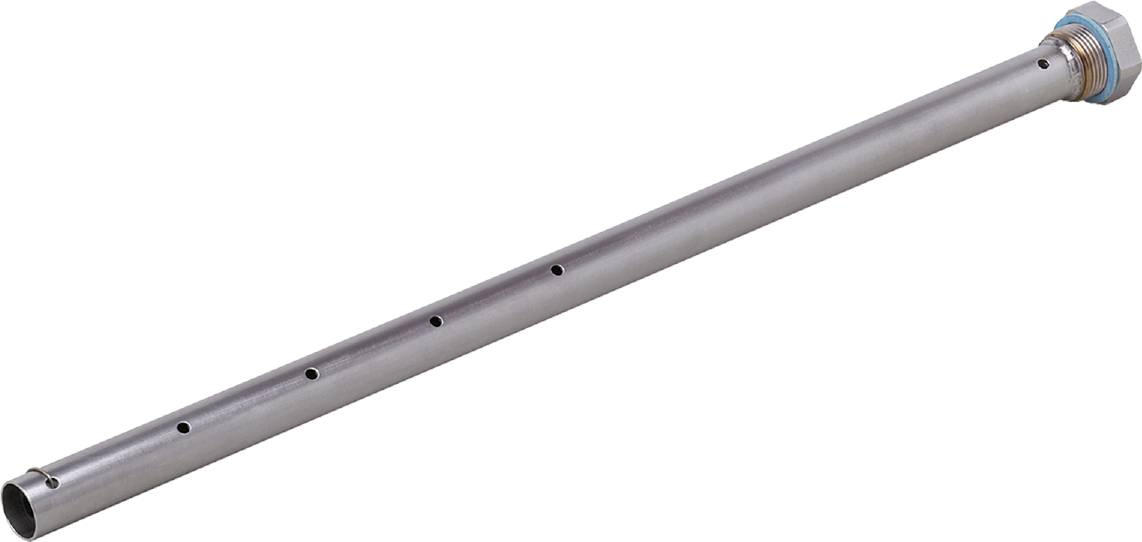 Stříbrná trubice s malými, pravidelně rozmístěnými otvory na bílém povrchu.