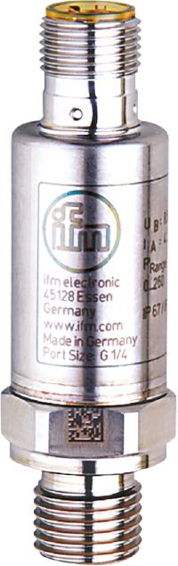Štítek produktu s nápisem 'ifm electronic, 45128 Essen, Německo, www.ifm.com, Vyrobeno v Německu, Velikost připojení: G 1/4'