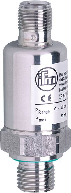 Tlakový senzor od ifm electronic s CE značkou, měřicí rozsah 0-10 bar, maximální tlak 25 bar, stupeň krytí IP 67.