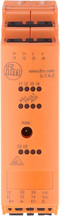 Oranžové elektronické zařízení s několika černými tlačítky, nápisem 'AS-i FAULT AUX' a displejem 'Addr.'.