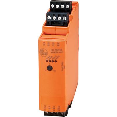 Oranžový elektronický senzor s nápisem 'DL0203', několika připojovacími body a otočným regulátorem pro 'Vstupní zpoždění'.