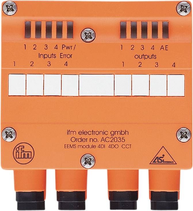 Oranžový modul od společnosti ifm electronic gmbh s číslováním připojení a označením 'Vstupy/Chyba' a 'Výstupy'.