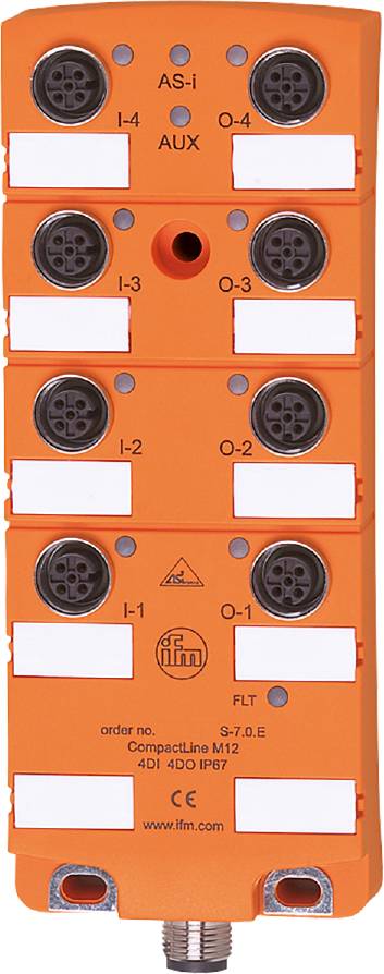 Oranžový elektronický modul se čtyřmi kulatými konektory, označený štítky 'I-2', 'O-2', 'I-1', 'O-1', s logem ifm dole.