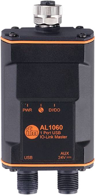 Detailní pohled na černý IO-Link Master s oranžovými značkami a textem 'AL1060 1 Port USB IO-Link Master'.
