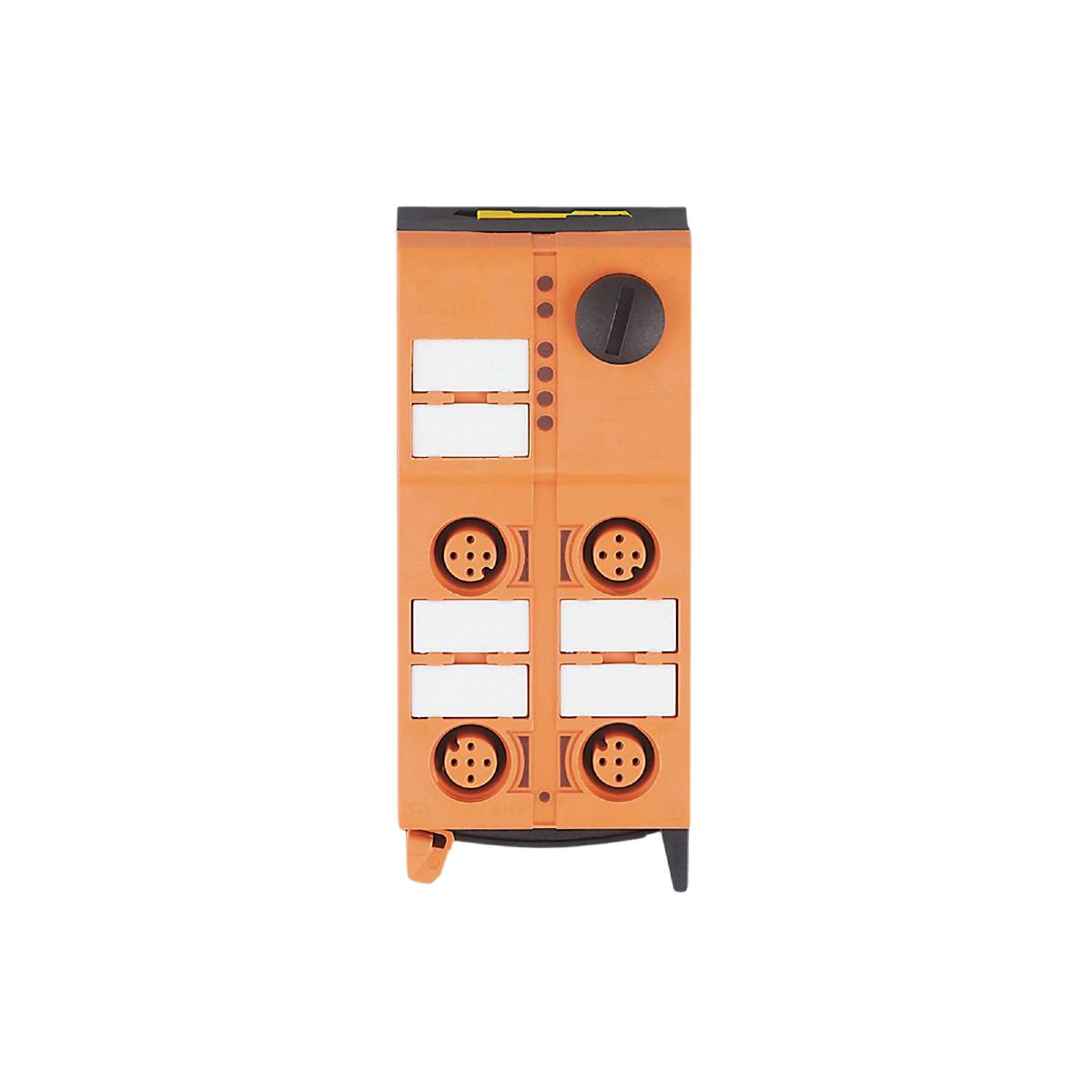 Oranžové zařízení s několika kulatými konektory a otočným knoflíkem, pravděpodobně elektronický modul nebo rozvaděč.