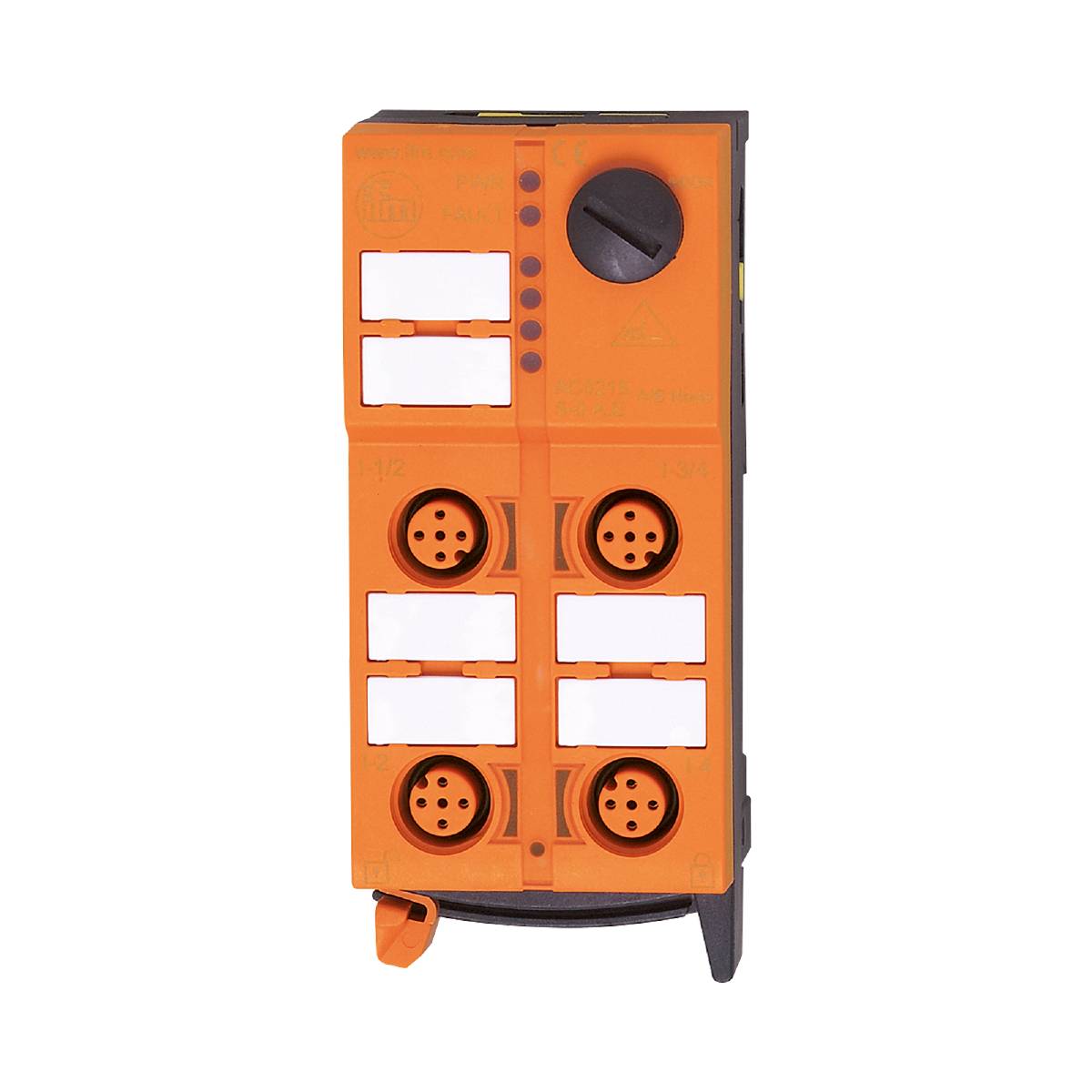 Oranžové elektronické zařízení obdélníkového tvaru s několika sloty a otočným knoflíkem v pravém horním rohu.