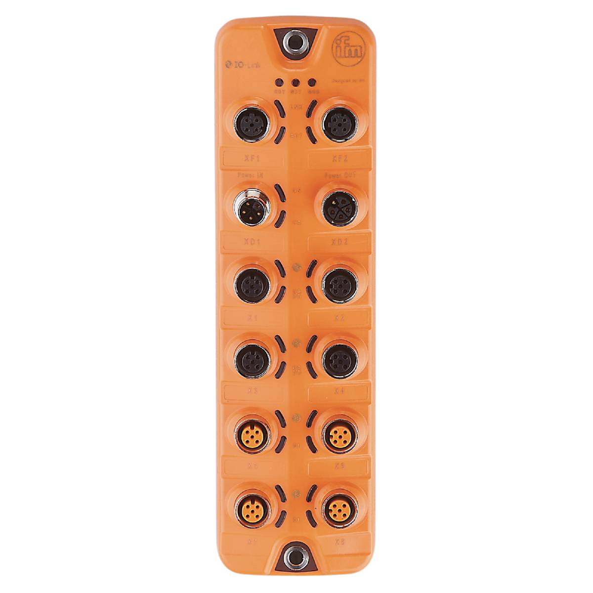 Oranžový průmyslový I/O modul s dvanácti konektory, vhodný pro průmyslové automatizační aplikace.