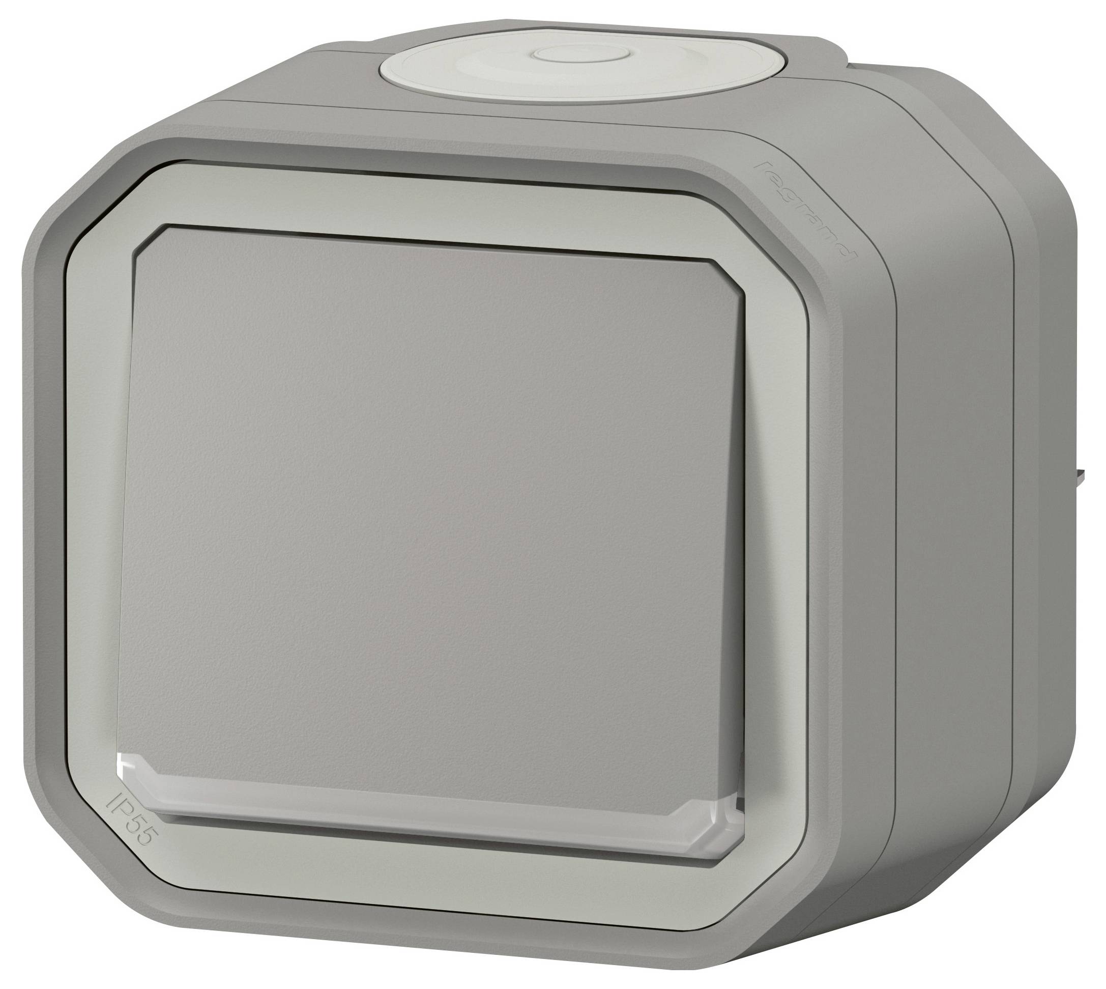 Šedý, čtvercový vypínač se zaoblenými rohy, IP 55. Vhodný pro vlhké prostory.