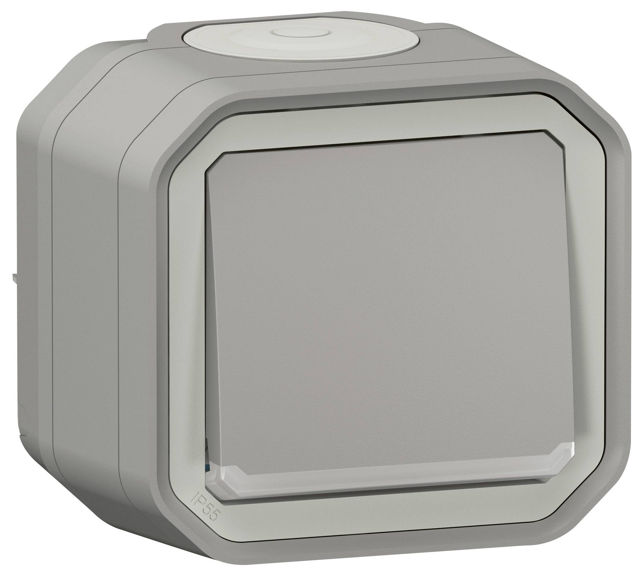 Šedý světelný spínač v odolném pouzdře vhodném pro venkovní použití. Spínač je čtvercového tvaru se zaoblenými rohy.